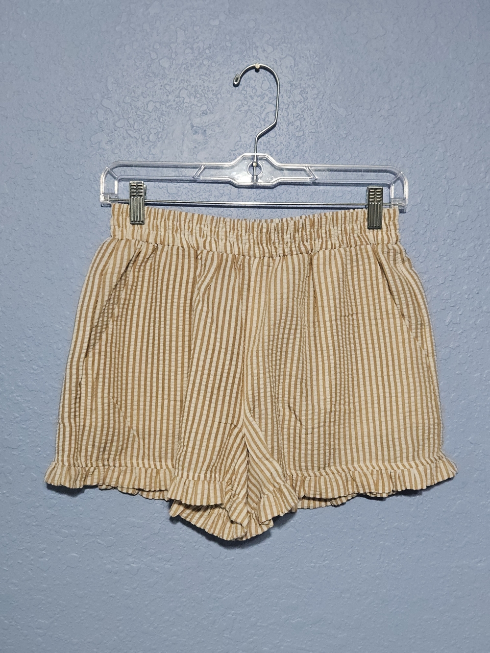 Free People Cream and Tan Striped High-Waist Ruffle Shorts